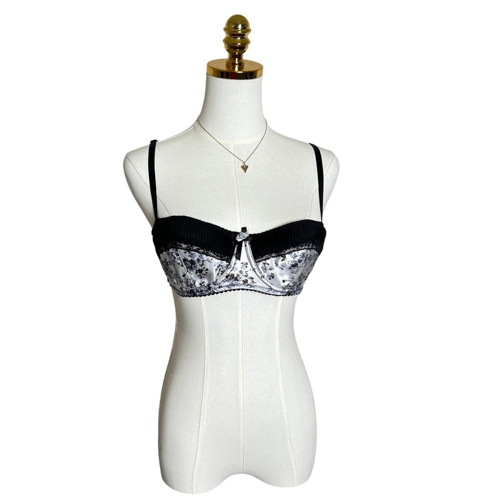Marilyn Monroe Intimates Silver Floral Satin‎ Balconette Bra Black Lace 36B